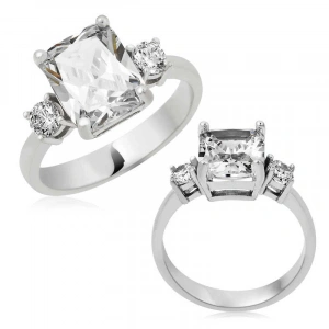Kadın Gümüş Kare Montür Üç Taş Bayan Yüzük