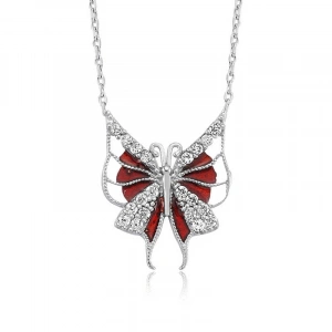 Kadın Gümüş Kırmızı Kelebek Bayan Kolye