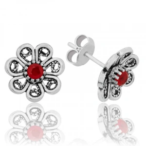 Kadın Gümüş Kırmızı Telkari Çiçek Çivili Küpe