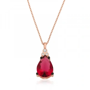 Kadın Gümüş Kırmızı Topaz Damla Kolye