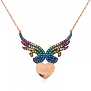 Kadın Gümüş Kişiye Özel İsimli Kanatlı Kalp Bayan Kolye