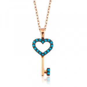 Kadın Gümüş Mavi Kalpli Anahtar Bayan Kolye
