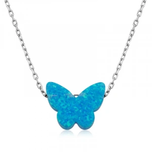 Kadın Gümüş Mavi Opal Taş Kelebek Bayan Kolye