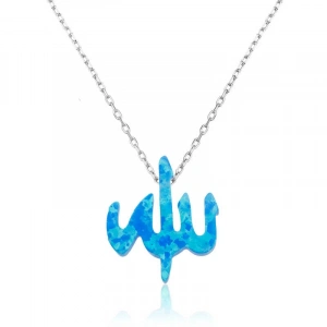 Kadın Gümüş Mavi Opal Taşlı Allah Yazılı Bayan Kolye