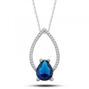 Kadın Gümüş Mavi Taşlı Damla Kadın Kolye