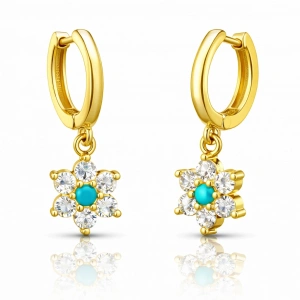 Kadın Gümüş Mavi Taşlı Gold Çiçek Kadın Küpe