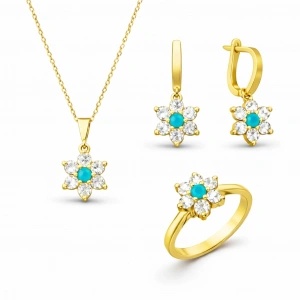 Kadın Gümüş Mavi Taşlı Gold Çiçek Kadın Set