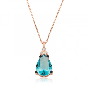 Kadın Gümüş Mavi Topaz Damla Bayan Kolye