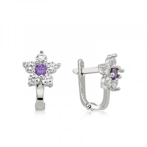 Kadın Gümüş Mor Taşlı Çiçek Küpe