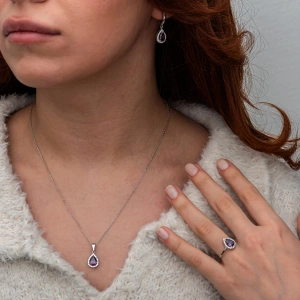 Kadın Gümüş Mor Zirkon Taşlı Damla Kadın Set