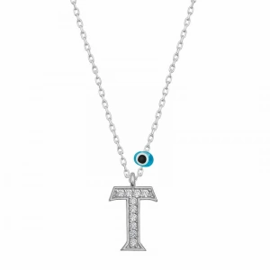 Kadın Gümüş Nazar Rodyum T Harfi Kadın Kolye