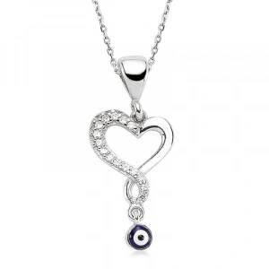 Kadın Gümüş Nazarlı Bayan Kalp Kolye