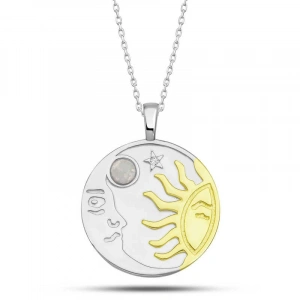 Kadın Gümüş Opal Beyaz Taşlı Ay Güneş Kadın Kolye
