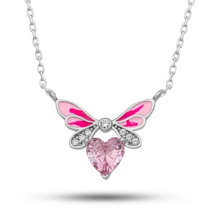 Kadın Gümüş Pembe Kalp Peri Kanatlı Kolye
