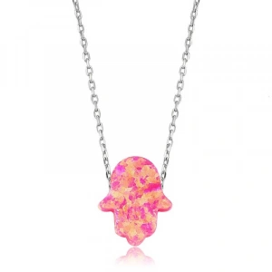 Kadın Gümüş Pembe Opal Fatma Eli Bayan Kolye