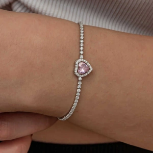 Kadın Gümüş Pembe Taşlı Kalpli Su Yolu Bileklik