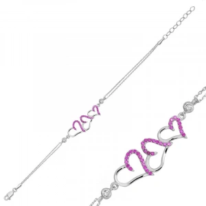 Kadın Gümüş Pembe Üç Kalpli Bayan Bileklik