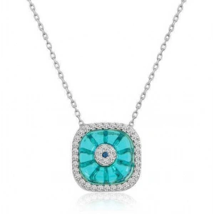 Kadın Gümüş Rodyum Kare Camgöz Nazar Bayan Kolye