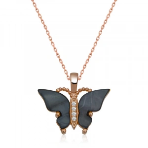 Kadın Gümüş Rose Antrasit Kaplangözü Taşlı Kelebek Kolye