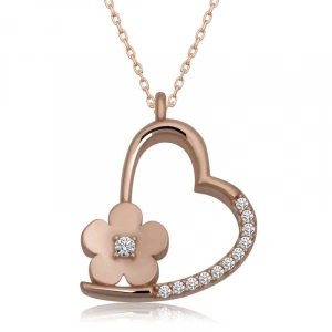 Kadın Gümüş Rose Çiçekli Kalp Kadın Kolye