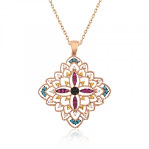 Kadın Gümüş Rose Etnik Desenli Madalyon Kolye