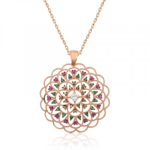 Kadın Gümüş Rose Geometrik Desenli Madalyon Kolye