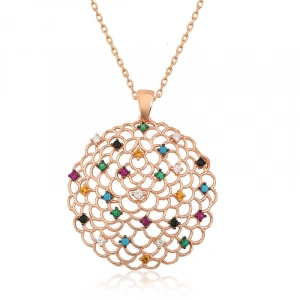 Kadın Gümüş Rose Geometrik Desenli Madalyon Kolye