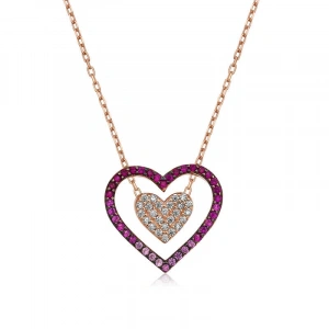 Kadın Gümüş Rose İki Kalp Bayan Kolye