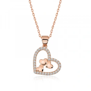 Kadın Gümüş Rose Kalbin İçinde Üç Kalp Kolye