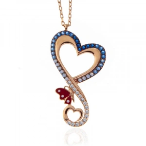 Kadın Gümüş Rose Kalpli Kelebek Kadın Kolye