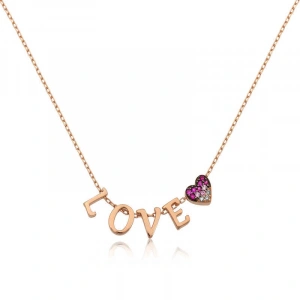 Kadın Gümüş Rose Kalpli Love Bayan Kolye