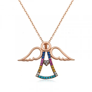 Kadın Gümüş Rose Kalpli Melek Bayan Kolye