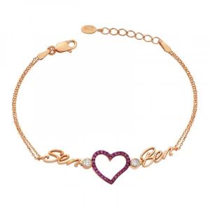 Kadın Gümüş Rose Kalpli Sen Ben Bayan Bileklik