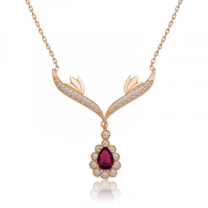 Kadın Gümüş Rose Kırmızı Taşlı Madalyon Bayan Kolye