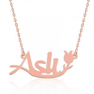 Kadın Gümüş Rose Kişiye Özel Lale Desenli İsimli Bayan Kolye