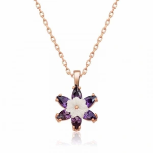 Kadın Gümüş Rose Mor Lotus Çiçeği Kolye