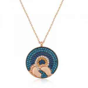 Kadın Gümüş Rose Nazarlı Bebek Ayak İzi Bayan Kolye