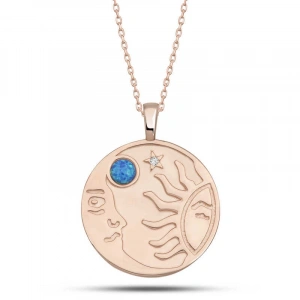Kadın Gümüş Rose Opal Mavi Taşlı Ay Güneş Kadın Kolye