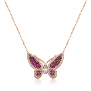 Kadın Gümüş Rose Pembe Kelebek Bayan Kolye