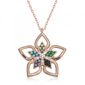 Kadın ​Gümüş Rose Renkli Taşlı Çiçek Kadın Kolye