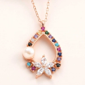 Kadın Gümüş Rose Renkli Taşlı Çiçekli Kadın Kolye