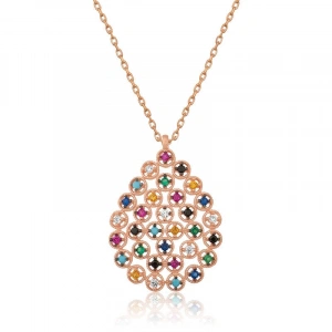 Kadın Gümüş Rose Renkli Taşlı Damla Kolye