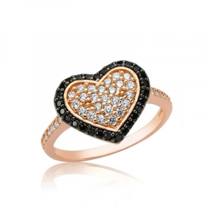 Kadın Gümüş Rose Siyah Taşlı Kalp Bayan Yüzük