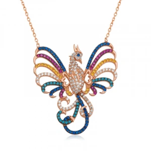 Kadın Gümüş Rose Zümrüdü Anka Kuşu Bayan Kolye