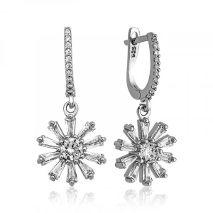 Kadın Gümüş Trapez Taşlı Çiçek Bayan Küpe