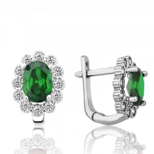 Kadın Gümüş Yeşil Çiçek Desenli J Kadın Küpe