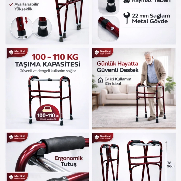 Hasta Yürüteci Walker Yürüteç 4 Ayaklı Metal 22 mm Yürüteç Ayarlanabilir Boy Walking Aid Product