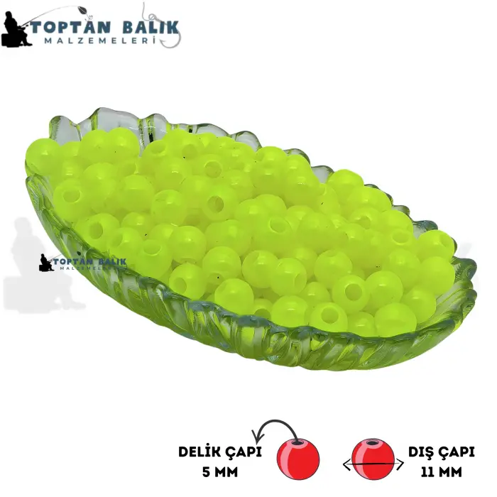 Fosforlu Yeşil Sazan Balık Boncuğu 11 mm (İç Çap: 5 mm) - 500 Gr Paket