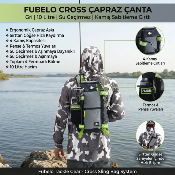 Fubelo Cross Kamış Tutuculu Çapraz Balıkçı Omuz Çantası - Gri 10L