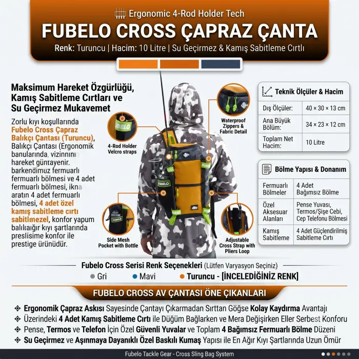 Fubelo Cross Kamış Tutuculu Çapraz Balıkçı Omuz Çantası - Turuncu 10L
